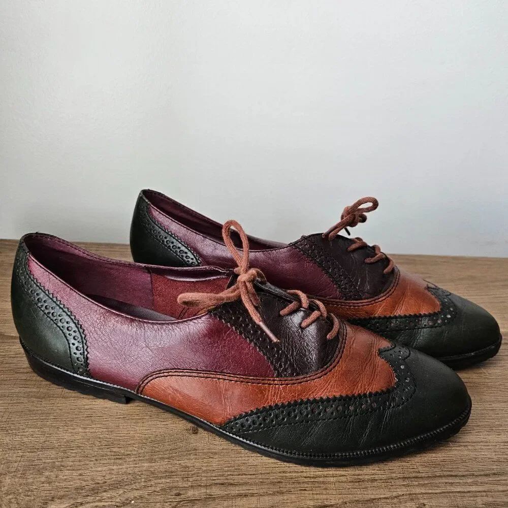 VINTAGE NINE WEST WINGTIP OXFORD FLATS COLORBLOCK GENUINE LEATHER SZ 10 WOMENS - Picture 3 of 14